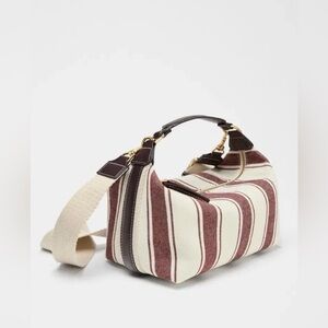 Zara Burgundy and White Striped Handle Bag with brown accents and 2 straps